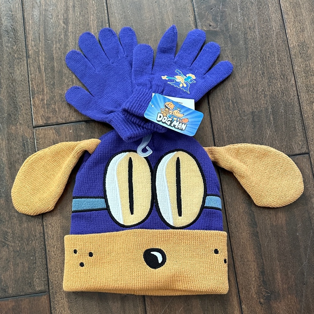 Dog Man winter hat and glove set